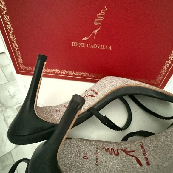 🤩✨RENE CAOVILLA Cleo Snake embellished sandal black leather rhinestone heels 9 - Picture 9 of 13